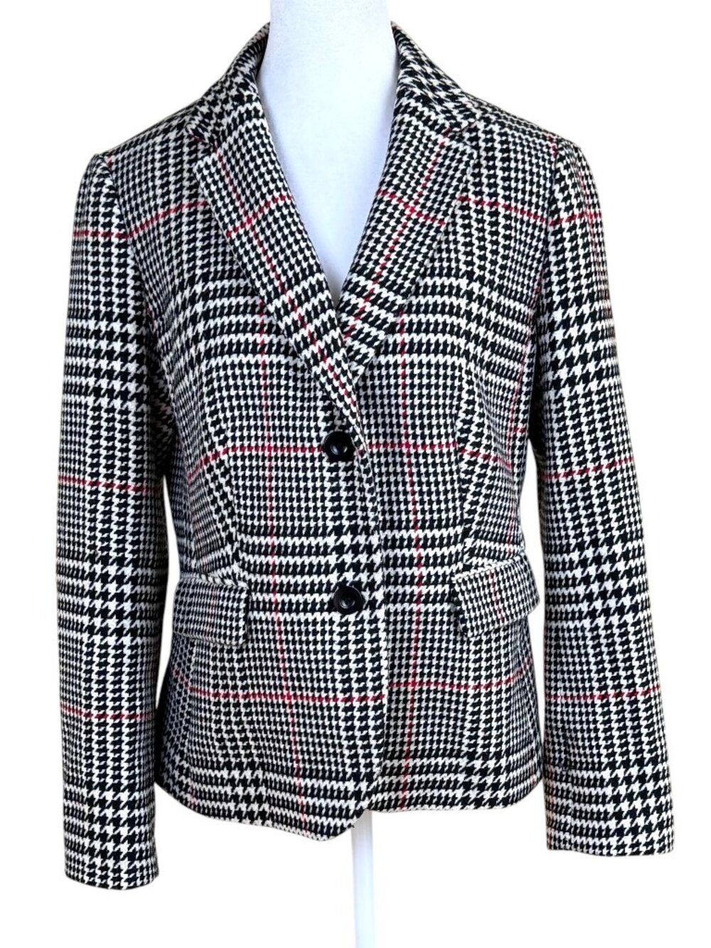 Talbots Blazer Plaid Houndstooth Wool Blend Black White Red Single Breasted (10)